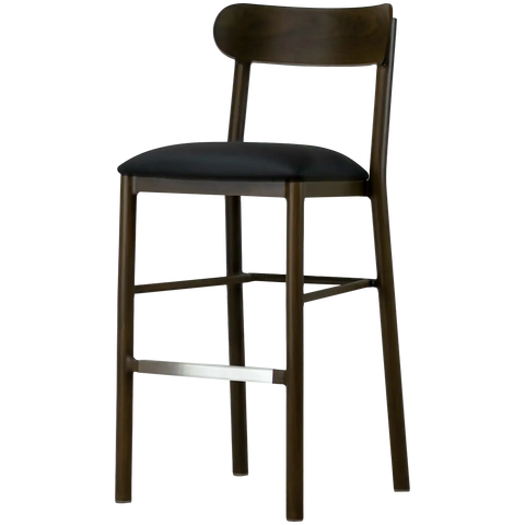 Abodo Barstool W Backrest Walnut Frame Black Vinyl Seat, Viewed From Angle In Front