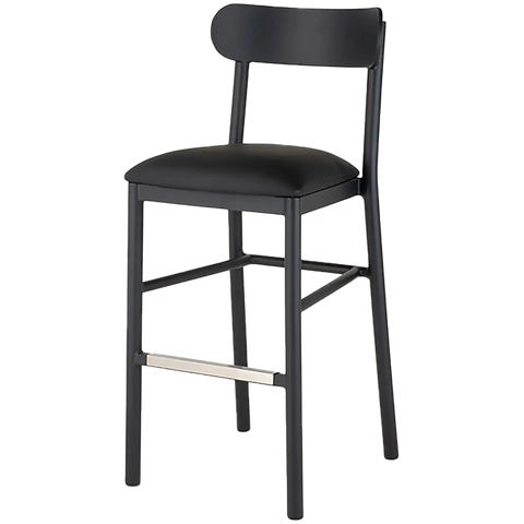 Abodo Barstool With Backrest With Anthracite Frame And Black Vinyl Seat, Viewed From Front Angle