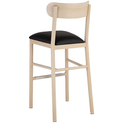 Abodo Barstool With Backrest With Natural Frame And Black Vinyl Seat, Viewed From Back Angle