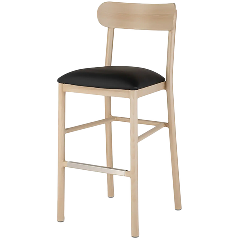 Abodo Barstool With Backrest With Natural Frame And Black Vinyl Seat, Viewed From Front Angle