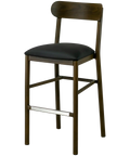 Abodo Barstool With Backrest With Walnut Frame And Black Vinyl Seat, Viewed From Front Angle