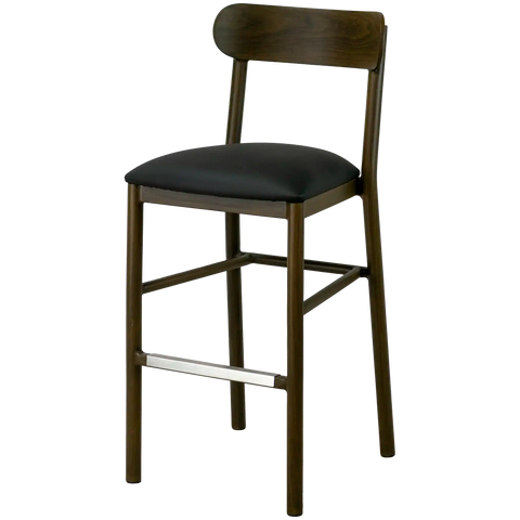 Abodo Barstool With Backrest With Walnut Frame And Black Vinyl Seat, Viewed From Front Angle