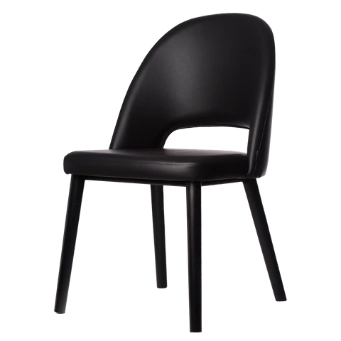 Alfi Chair With Black Vinyl Shell Black Timber Legs, Viewed From Angle In Front