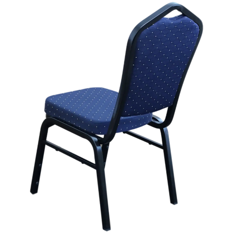 Bradman Chair With Blue Fabric Upholstery And Black Frame, Viewed From Behind