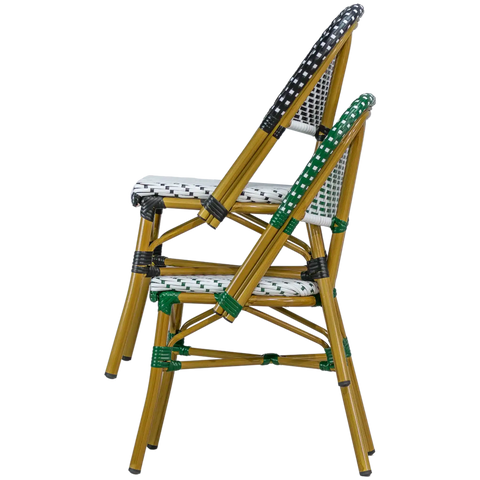 Calais Outdoor Parisian Chair Green And White Stacked, Viewed From Side