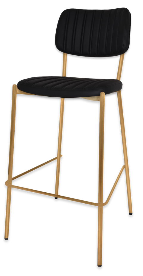 Candice Bar Stool With Black Vinyl Upholstery And Brass Frame Viewed From Angle In Front