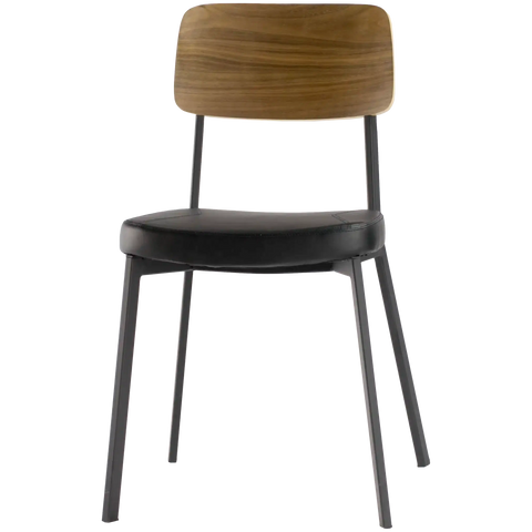 Caprice Restaurant Chair Walnut Veneer Backrest Black Vinyl Seat Black Frame Angle From Front
