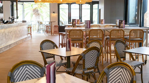 Carlton Round Table Base And Compact Laminate Table Tops With Jasmine Chairs And Sienna Stools At Moseley Bar Kitchen