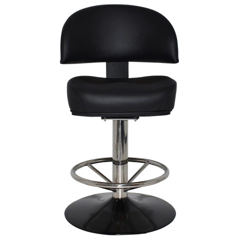 Cowell Gaming Stool In Black Vinyl On Black Disc Base With Stainless Steel Column, Viewed From Front