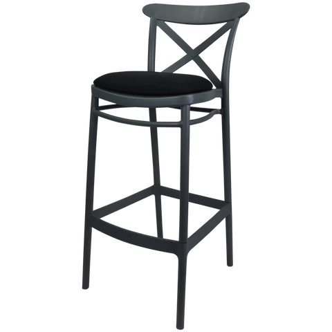 Cross Back Barstool In Anthracite With Black Seat Pad, Viewed From Angle