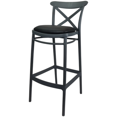 Cross Back Barstool In Anthracite With Black Vinyl Seat Pad, Viewed From Angle