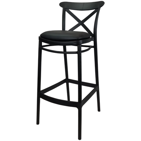Cross Back Barstool In Black With Black Vinyl Seat Pad, Viewed From Angle In Front