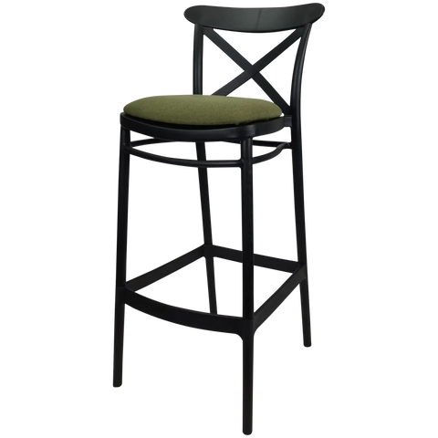Cross Back Barstool In Black With Olive Green Seat Pad, Viewed From Angle