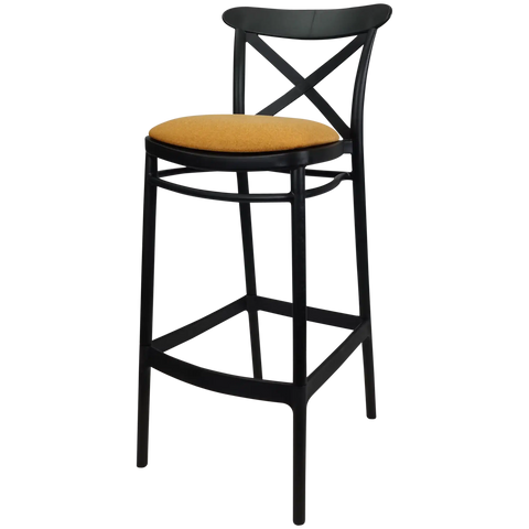 Cross Back Barstool In Black With Orange Seat Pad, Viewed From Angle