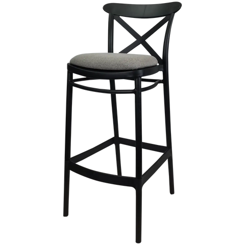 Cross Back Barstool In Black With Taupe Seat Pad, Viewed From Angle