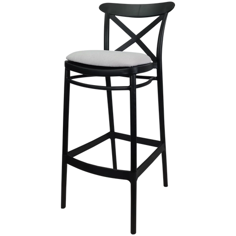 Cross Back Barstool In Black With Light Grey Seat Pad, Viewed From Angle