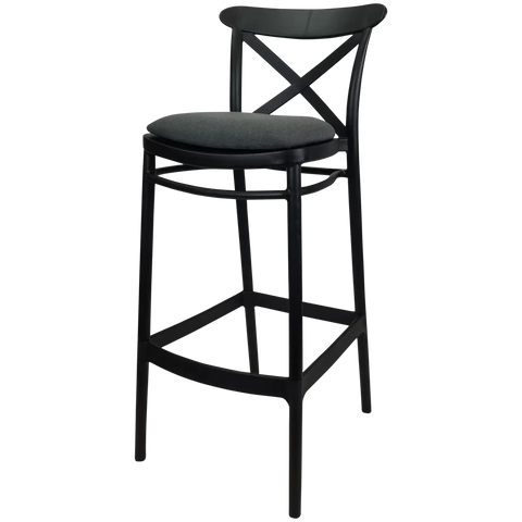 Cross Bar Stool By Siesta In Black With Anthracite Seat Pad, Viewed From Angle In Front
