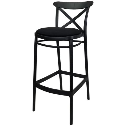 Cross Bar Stool By Siesta In Black With Black Seat Pad, Viewed From Angle