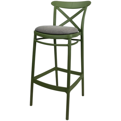 Cross Bar Stool By Siesta In Olive Green With 5 Seat Pad, Viewed From Angle