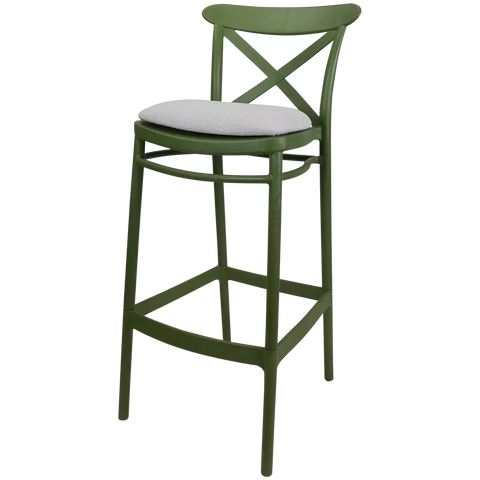 Cross Bar Stool By Siesta In Olive Green With 7 Seat Pad, Viewed From Angle