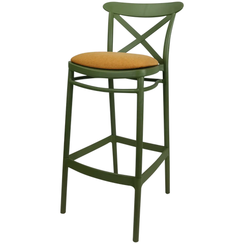 Cross Bar Stool By Siesta In Olive Green With Orange Seat Pad, Viewed From Angle