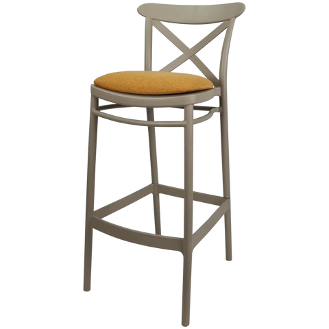 Cross Bar Stool By Siesta In Taupe With 3 Seat Pad, Viewed From Angle