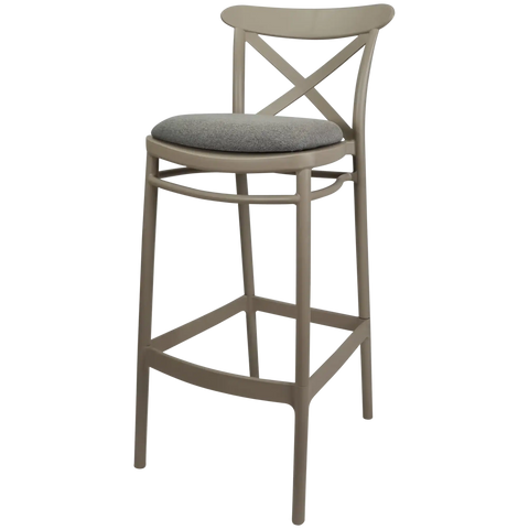 Cross Bar Stool By Siesta In Taupe With 5 Seat Pad, Viewed From Angle