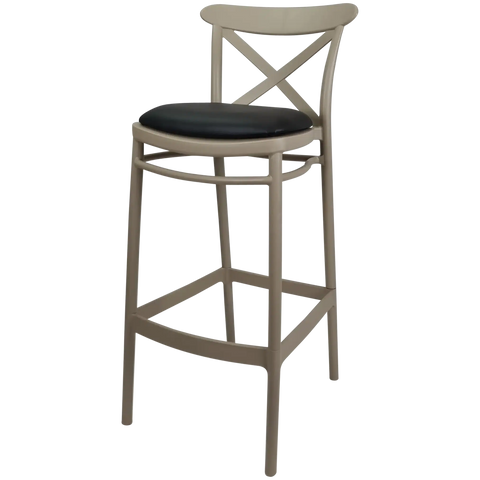 Cross Bar Stool By Siesta In Taupe With 6 Seat Pad, Viewed From Angle