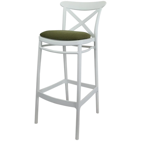 Cross Bar Stool By Siesta In White With 2 Seat Pad, Viewed From Angle