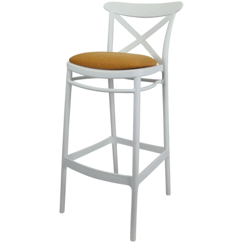 Cross Bar Stool By Siesta In White With 3 Seat Pad, Viewed From Angle