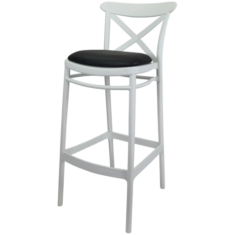 Cross Bar Stool By Siesta In White With 6 Seat Pad, Viewed From Angle