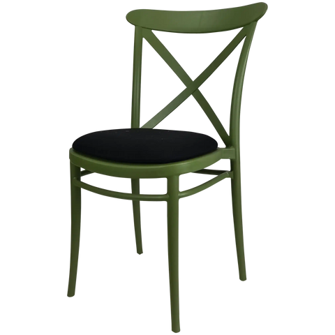 Cross Chair By Siesta In Olive Green With Black Seat Pad, Viewed From Angle