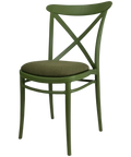 Cross Chair By Siesta In Olive Green With Taupe Seat Pad, Viewed From Angle In Front