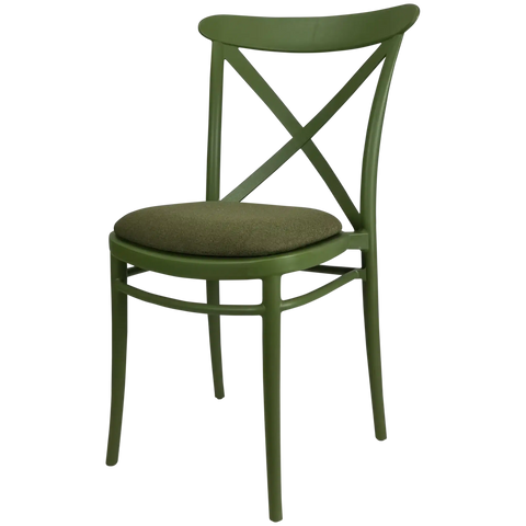 Cross Chair By Siesta In Olive Green With Taupe Seat Pad, Viewed From Angle In Front