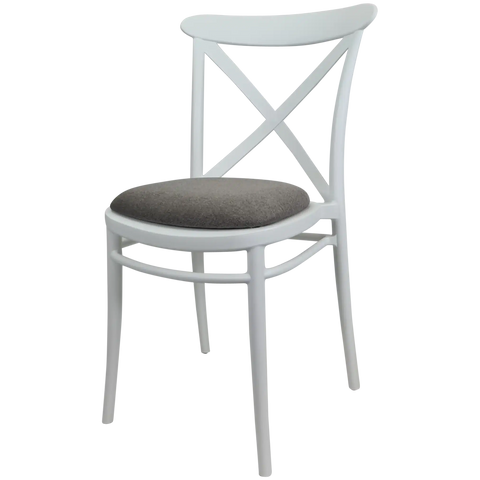 Cross Chair By Siesta In White With Taupe Seat Pad, Viewed From Angle