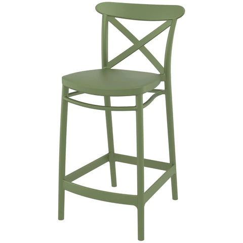 Cross Counter Stool By Siesta In Olive Green, Viewed From Angle In Front