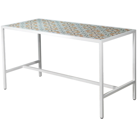 Custom Tiled Richmond Bar Table In White Powder Coat, Viewed From Angle In Front