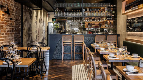 Custom Tasmanina Oak Timber Table Tops And Sienna Side Chairs and Black Bentwood Side Chairs At Lotus Dumpling Bar