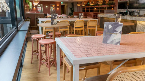 Custom Tiled Tables On Castors With Sienna Bar Stools And Bentwood Stools At The Moseley Bar Kitchen 52