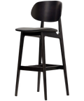 Dan Bar Stool With Backrest In Wenge Timber With Black Vinyl Seat, Viewed From Angle In Front