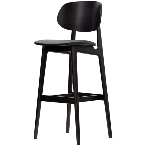 Dan Bar Stool With Backrest In Wenge Timber With Black Vinyl Seat, Viewed From Angle In Front