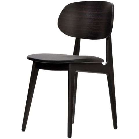 Dan Dining Chair In Wenge Timber With Black Vinyl Seat, Viewed From Angle In Front
