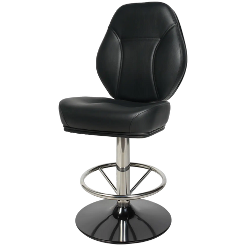 Diamond Gaming Stool In Ss With Black Disc Base And Black Seat, Viewed From Front Angle