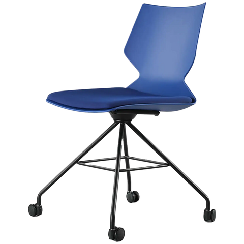 Fly Chair By Claudio Bellini With Blue Shell With Blue Seat Pad On Black Swivel Frame, Viewed From Angle In Front