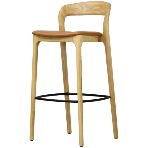 Idalia Barstool With Back Natural Frame Tan Vinyl Seat, Viewed From Front On Angle