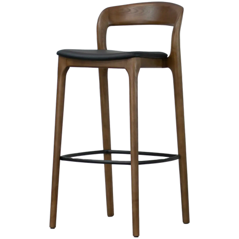 Idalia Barstool With Back Walnut Frame Black Vinyl Seat, Viewed From Front On Angle