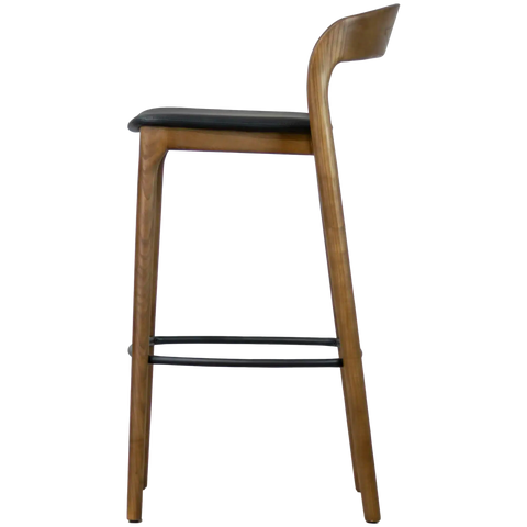 Idalia Barstool With Back Walnut Frame Black Vinyl Seat, Viewed From Side