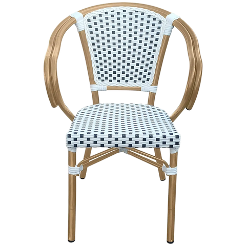 Jasmine Armchair With Black And White Chequered Weave And Natural Frame, Viewed From Front