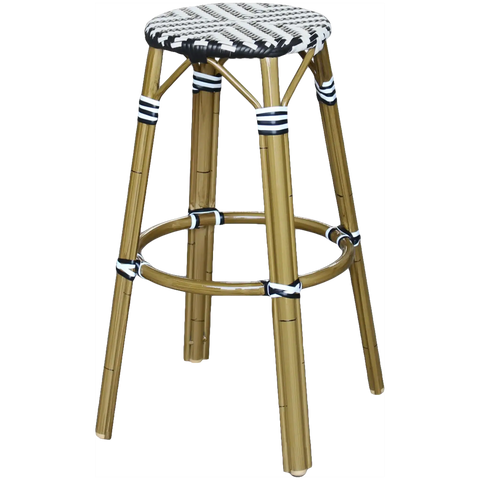 Jasmine Bar Stool No Back Black And White Cross Weave, Viewed On Front Angle