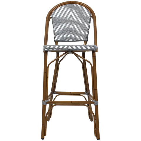 Jasmine Barstool With Backrest In Chevron Weave Grey And White, Viewed From Front